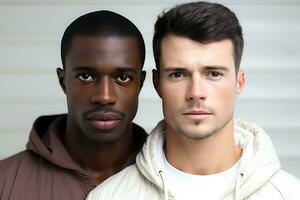 Two young Caucasian and African American men in white and dark brown sportswear pose against a light background. Young men looking at the camera. AI Generative photo
