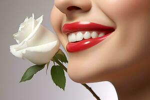 ai generativo. recortado foto de mujer boca con Perfecto blanco brillante sonrisa y sano dientes