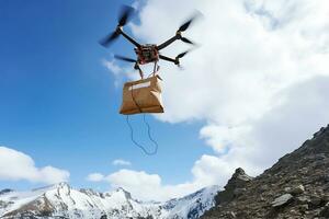 AI generative. A drone delivers an order or first aid in a package flying through the snowy mountain peaks in sunny weather photo