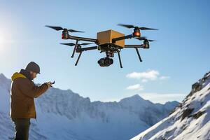 AI generative. A tourist, being on the top of a mountain, receives an order or first aid using a drone photo