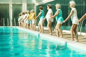 A group of older women in tank tops and shorts doing physical exercises near the pool. AI Generative photo