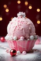 AI generative. Pink ice cream in the shape of a large Christmas ball on a dark background with bokeh photo