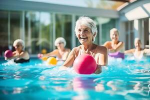 Elderly happy women do water aerobics with colorful balls. Women look at the instructor and repeat the exercises. AI Generative photo