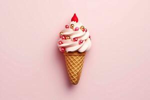 AI generative. Pink Christmas ice cream in a waffle cone on a soft pink background decorated with pink and gold balls photo