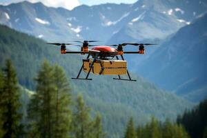 AI generative. A drone delivers food, drinks or medicine in a cardboard box while flying over forested mountains. photo