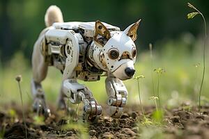 AI Generative. A robot dog moves across a field during the daytime. Horizontal photo