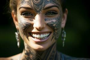 ai generativo. sano dientes y hermosa amplio sonrisa de un joven mujer con tatuajes en su cara y cuerpo foto