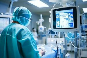 The surgeon in the operating room looks at the monitor screen, checks the indicators and controls the work of the robot. AI Generative photo