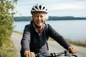ai generativo. un mayor mujer con un sonrisa en su cara paseos un bicicleta vistiendo un casco a lo largo un pintoresco camino. horizontal foto