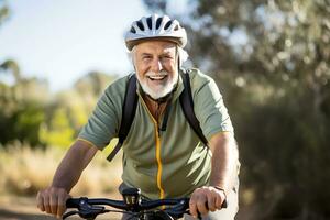 AI Generative. An elderly man with a smile on his face and wearing a helmet rides a bicycle along a picturesque path. Horizontal photo