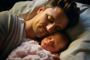 AI Generative. Young father smiling, sleeping and hugging newborn baby. Horizontal photo