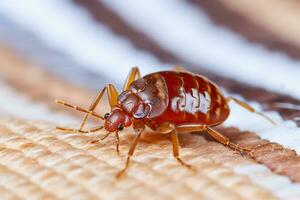 AI Generative. A bed bug crawls on bedding. Close-up. photo