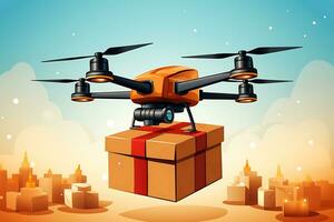 AI generative. An orange drone delivers gift in cardboard packaging wrapped in red ribbon. photo