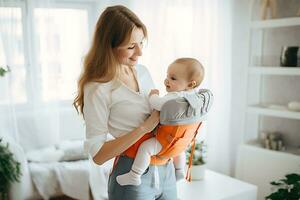 A young mother is in the middle of the living room holding her baby in a kangaroo carrier. Mother looks at the baby and smiles. AI Generative photo