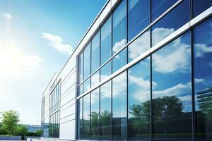 Building facade with solar windows or transparent solar panels as windows. AI Generative photo