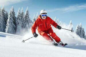 AI Generative. An elderly man in a red ski suit skis on a snowy slope. Horizontal photo