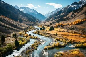 parte superior ver de el hermosa otoño rocoso paisaje de el río, montañas y bosque . ai generativo foto