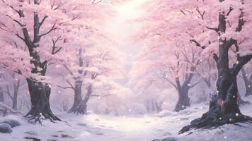 winter landscape with pink trees forest with snowfall motion video of ai generated