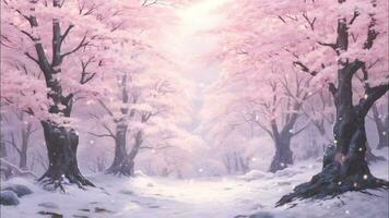 hiver paysage avec rose des arbres forêt avec chute de neige mouvement vidéo de ai généré video