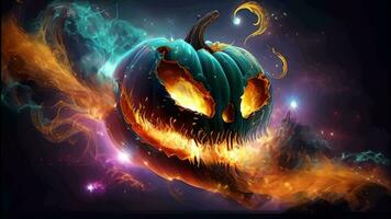 Illustration of Halloween pumpkin with colorful galaxy on the background of AI generated video