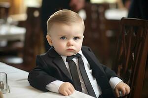 Cute serious toddler boy dressed as a business man sitting at the table. AI Generative photo