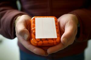 un hombre sostiene un naranja envase con pastillas en su manos. de cerca de un envase. ai generativo foto