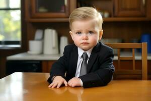 A cute blond child in a business suit is sitting at the table on the kitchen and waiting for breakfast. AI Generative photo