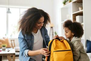 African American mother helping her child pack her child's school backpack in the living room at home. AI Generative photo