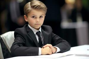 A school-age boy in a black jacket, tie and shirt sits at a table with a white tablecloth and looks at the camera. AI Generative photo