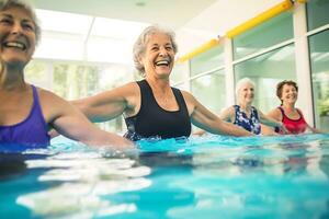Elderly happy women do aqua aerobics in the indoor pool. Women look at the instructor and repeat the exercises. AI Generative photo