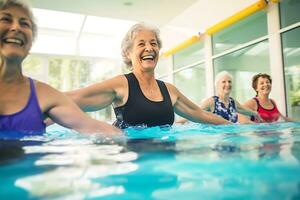 mayor contento mujer hacer agua aeróbicos en el interior piscina. mujer Mira a el instructor y repetir el ejercicios. ai generativo foto