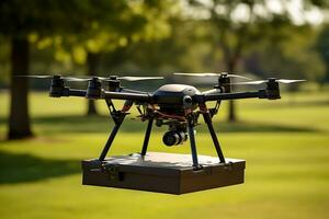 AI generative. A drone delivers food in a cardboard box to a picnic. photo