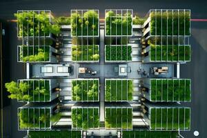 Vertical farm during the daytime. Drone view. AI Generative photo