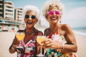 AI Generative. Two elderly African-American women in bright summer clothes with cocktails in their hands relax on the beach. Horizontal photo