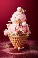 AI generative. Christmas ice cream made from several pink balls decorated with golden decoration. photo