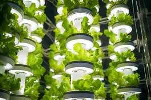 Inside of Greenhouse Hydroponic Vertical Farm Eco system with rows of seedlings of various sorts of garden vegetables growing on shelves ready for harvest. AI Generative photo