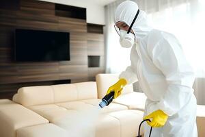 AI Generative. A disinfectant in a protective suit sprays furniture to get rid of bed bugs photo