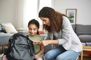 mother helping her child pack her child's school backpack in the living room at home. AI Generative photo