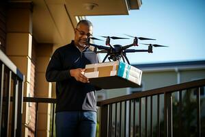 AI generative. A drone delivers food, drinks or medicine in a cardboard box to an African-American man directly on his balcony. photo