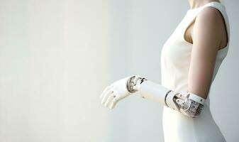 A disabled woman in a white dress with a prosthesis instead of a hand poses on a white background. AI Generative photo