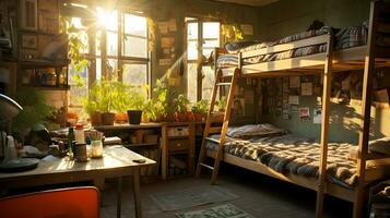 habitación para adolescentes o estudiantes con un litera cama, un escritorio y un montón de plantas. ai generativo foto