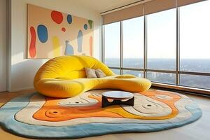 AI Generative. The interior of a room in a living space in a minimalist futuristic style. There is a multi-colored round carpet on the floor, and a large yellow streamlined sofa stands near the window photo