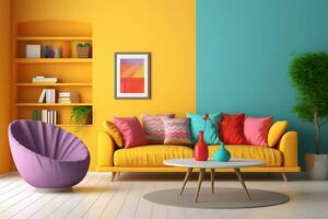 Bright multicolored modern living room interior with sofa, armchair and table. AI Generative photo