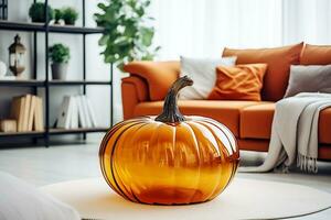 AI Generative. Large orange glass pumpkin on a rug in the living room. Daylight illuminates the room. Horizontal photo