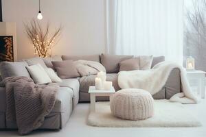 AI Generative. A cozy living room with a soft sofa decorated with a fluffy blanket and soft pillows. Horizontal photo