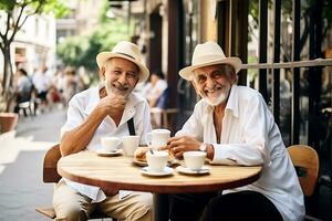 AI Generative.  Two elderly men are sitting at a table in a street cafe in sunny weather. Men look at the camera and smile. Horizontal photo