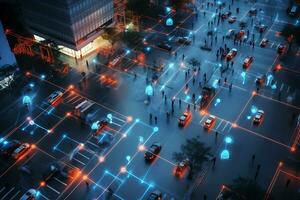 el noche ciudad es destacado con rojo y azul líneas. el concepto de total controlar por artificial inteligencia terminado el movimiento de vehículos y gente. ai generativo foto