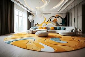 AI Generative. Modern living room in gray and yellow colors and futuristic style photo