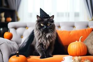 Beautiful fluffy cat in a black cape posing on a white sofa next to orange pumpkins. AI Generative photo