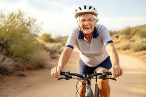 ai generativo. un mayor mujer con un sonrisa en su cara paseos un bicicleta vistiendo un casco a lo largo un pintoresco camino. horizontal foto